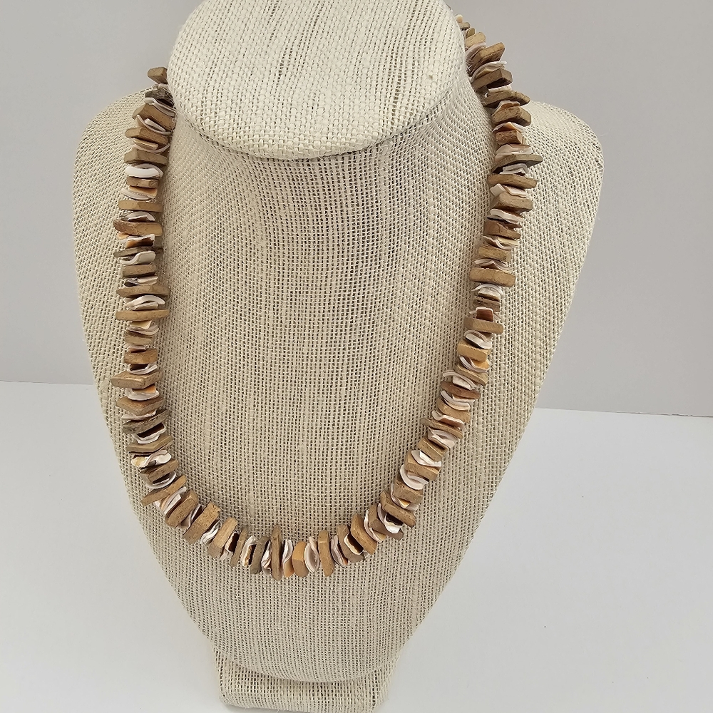 Vintage Natural Wood & Shell Disc Necklace Heishi Style Earthy Boho Statement